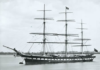 The windjammer 'Sobraon' moored at Gravesend in c.1880.