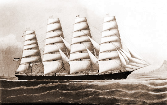 The 'Peter Rickmers' was a steel sailing four-masted ship launched at the Kingston Yard of Russell & Company at Port Glasgow in September 1889.