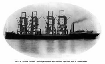 The S.S. &ldquo; Sainte Addresse &rdquo; loading Coal under Four Movable Hydraulic Tips at Penarth Dock.