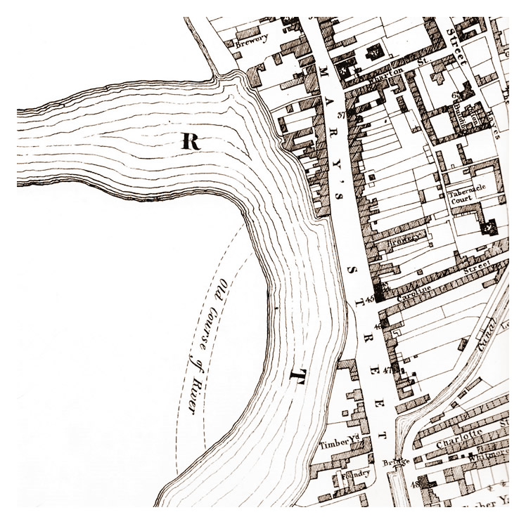 late 1830's (or early 1840's) - A section of the town plan prepared for John Crichton Bute, Marquis of Bute, by John Wood, showing the extent of wharfage on the river Taff adjacent to St. Mary's Street, Cardiff.