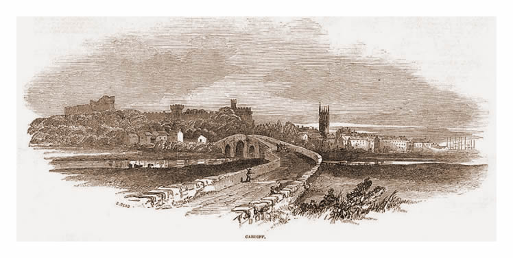 1851 - A view from the 'Cardiff Bridge' with the castle, St. John's church tower, and to the right the masts of sailing ships moored up at 'Old Quay'.