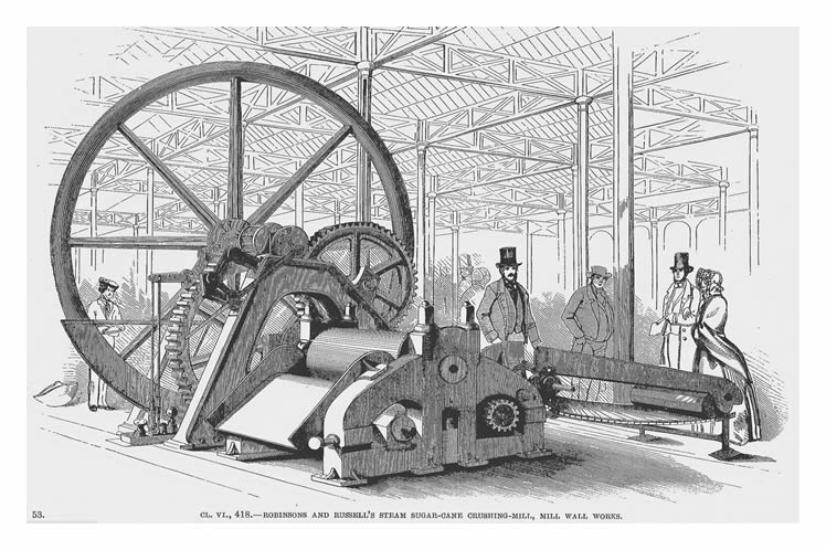 A Robinsons and Russell's Steam Sugar-Cane Crushing Mill, on show at the Mill Wall Works, London.
