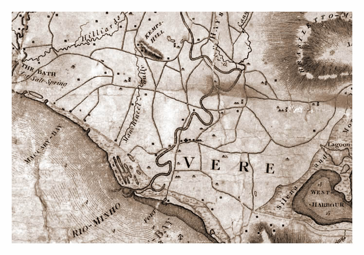 1804 - Map of Jamaica by James Robertson [c.1756-1829] with location of Ashley Hall in Vere Parish.