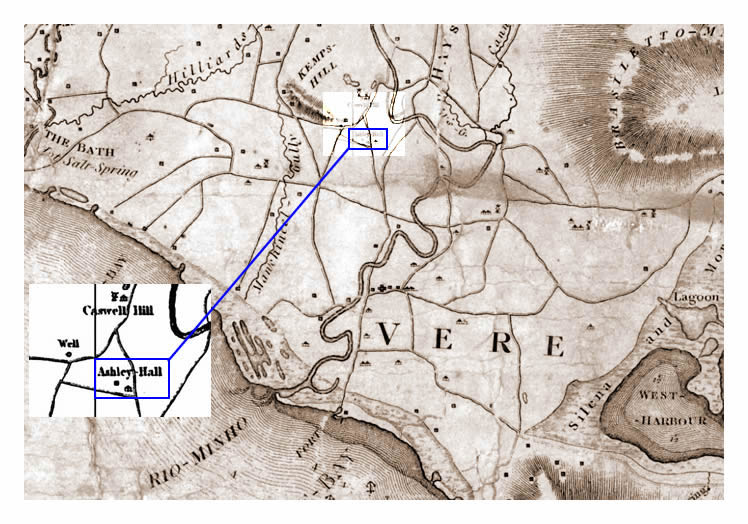 1804 - Map of Jamaica by James Robertson [c.1756-1829] with location of Ashley Hall in Vere Parish.