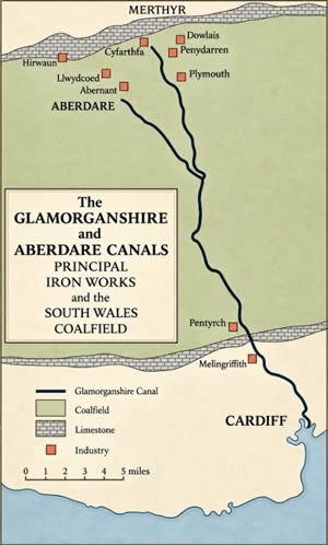 The route of the Glamorganshire and Aberdare Canals showing the principal iron works it served.