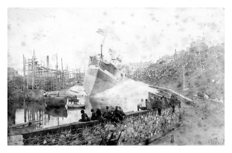 1888 - Launch of the 'Kinkora' of 1,999 tons in 1888, broadside into the River Ellen from Ritson's Wharf, Maryport.