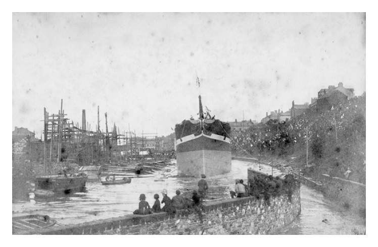 1888 - Launch of the 'Kinkora' of 1,999 tons in 1888, broadside into the River Ellen from Ritson's Wharf, Maryport.