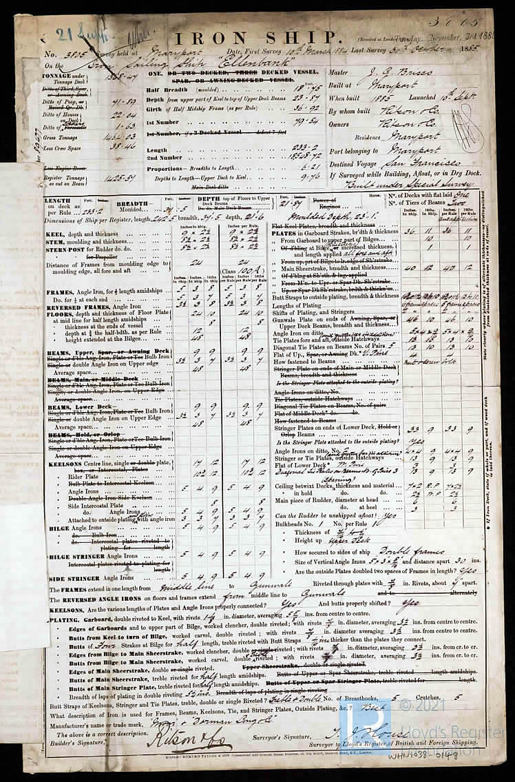 The sailing ship 'Ellenbank' showing a Longitudinal Section & Deck Plan dated 17th January 1884 of the vessel together with a Iron Ship Survey Report for Ellenbank, 30th October 1885.