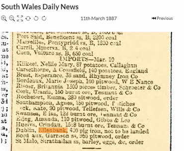 I was intrigued when I found another reference to the ship 'Ellenbank' being at the East Bute Dock at Cardiff on the 10th March 1887 loaded with a 'cargo' of 400 tons of pig-iron and the instruction 'not to be landed.'