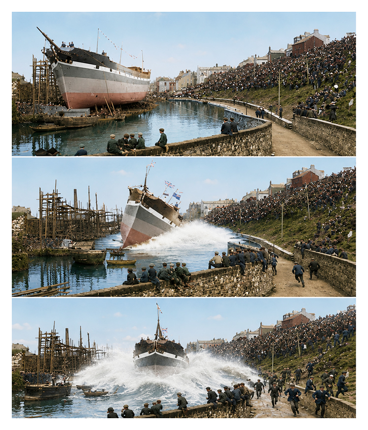AI generated images of the 'Kinkora' being launched sideways into the River Ellen at Maryport back 1888.